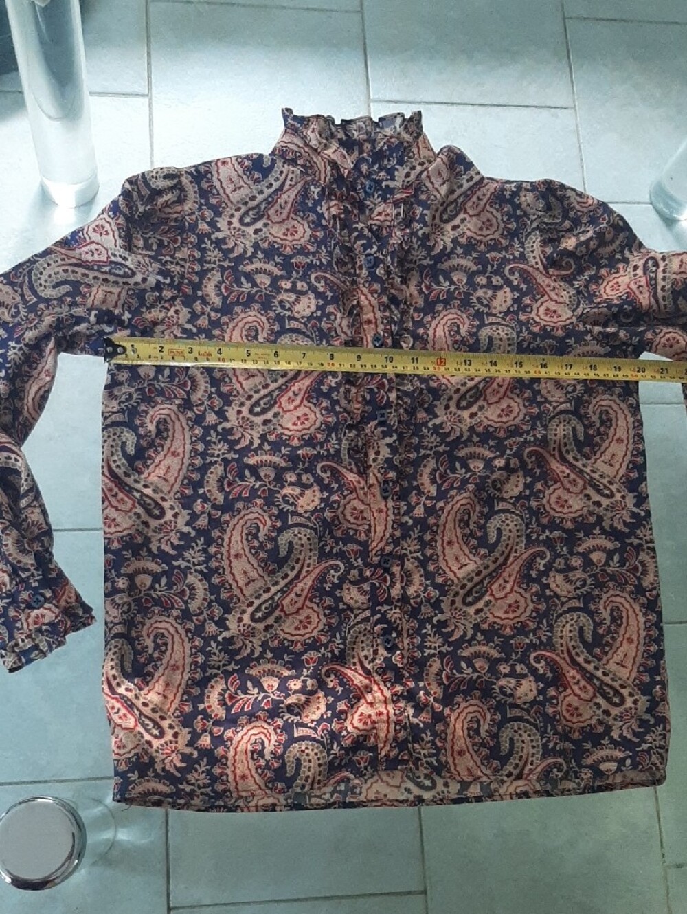 HAND-SEWN🧵70's STYLE Paisley High-Neck Blouse in Navy&Tan BUTTON-UP Fits M/L - Picture 7 of 10